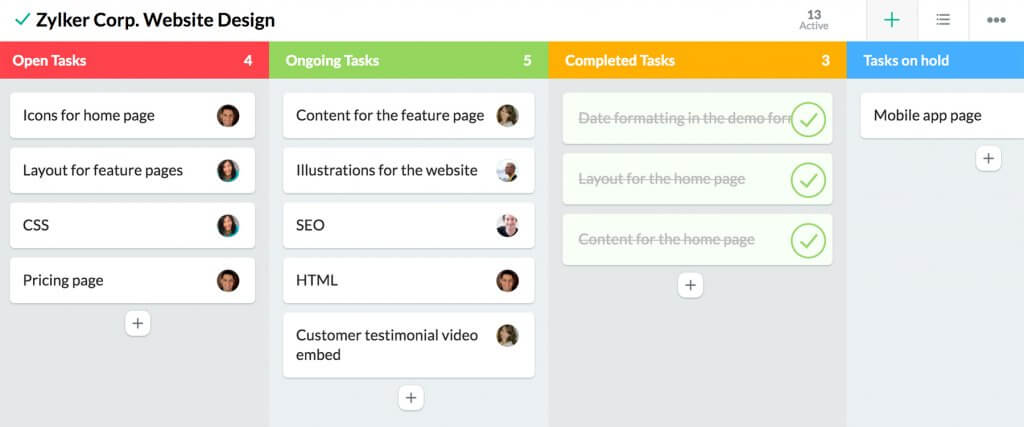 crm for startups - zoho task list