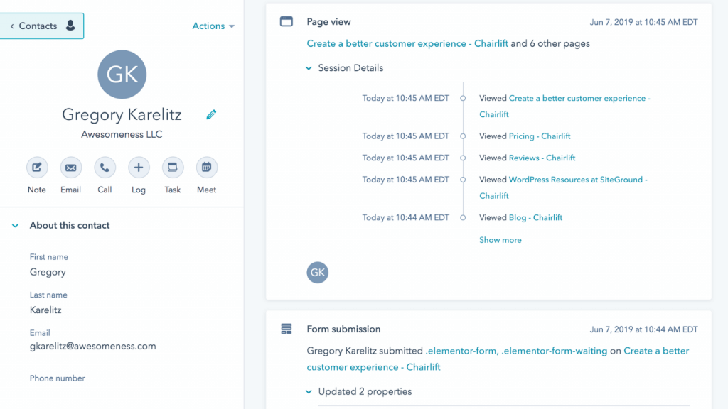 hubspot contact web activity - crm for startups